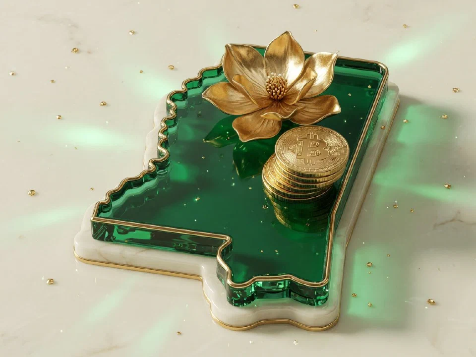 Emerald glass Mississippi with gold Bitcoin coins