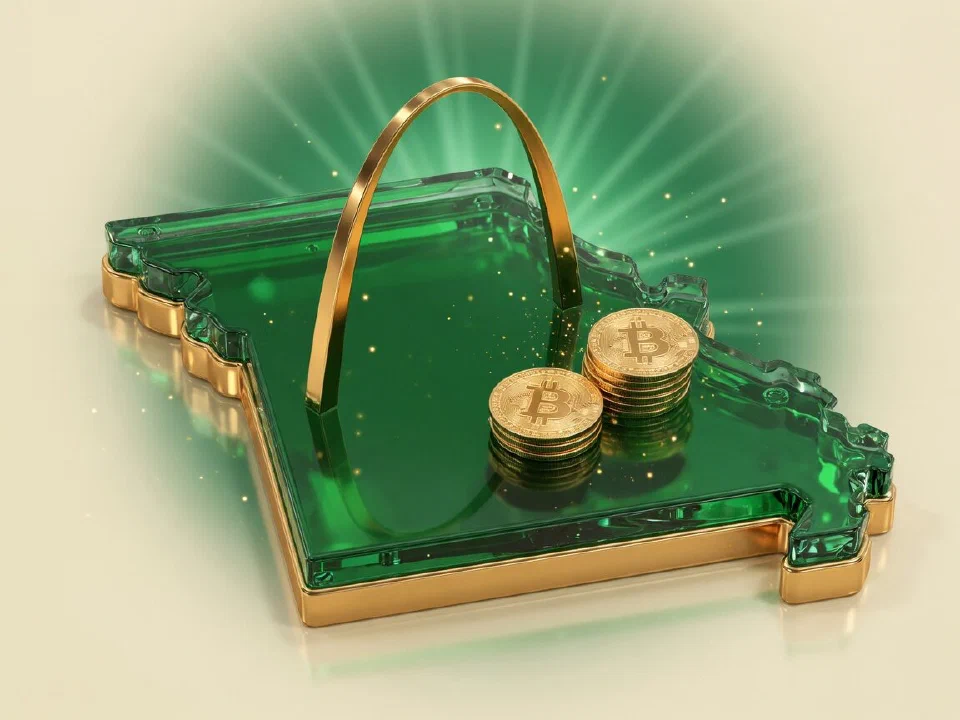 Emerald glass Missouri with gold Bitcoin coins