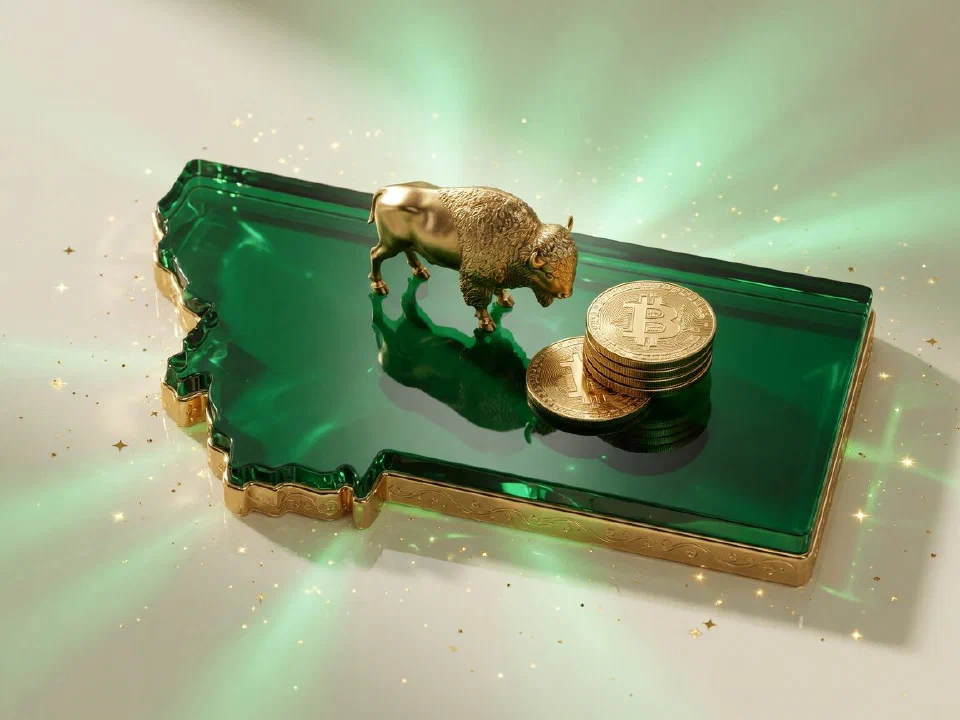 Emerald glass Montana with gold Bitcoin coins