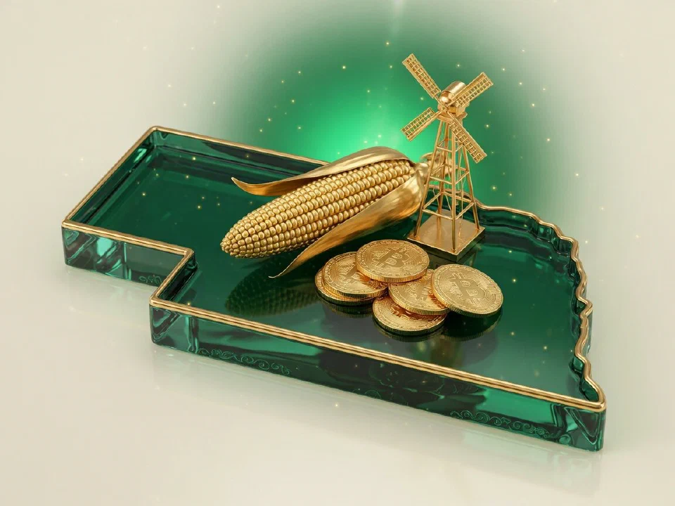 Emerald glass Nebraska with gold Bitcoin coins