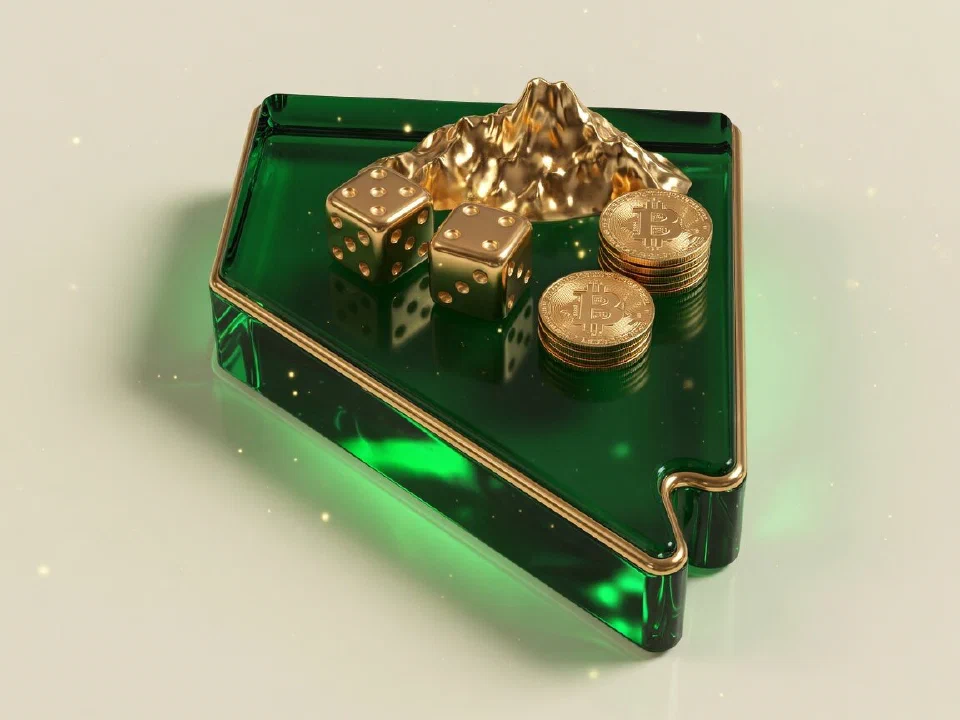 Emerald glass Nevada with gold Bitcoin coins