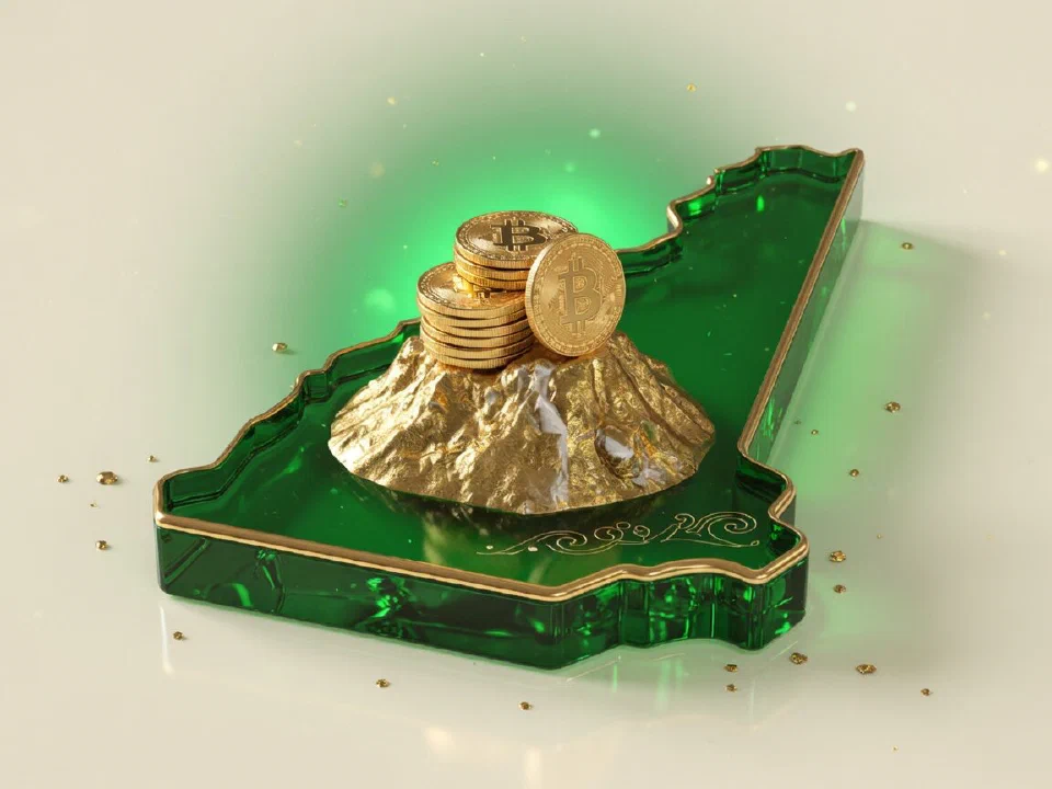 Emerald glass New Hampshire with gold Bitcoin coins