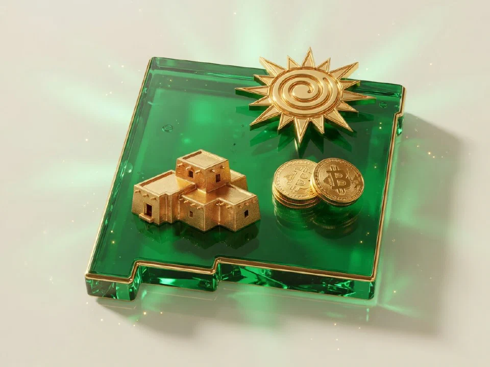 Emerald glass New Mexico with gold Bitcoin coins