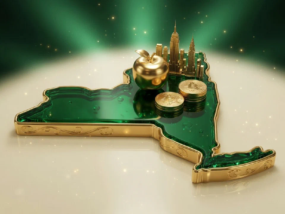 Emerald glass New York with gold Bitcoin coins