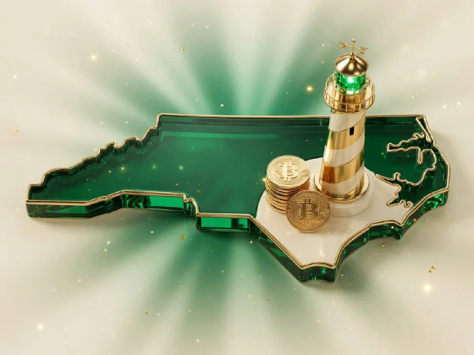Emerald glass North Carolina with gold Bitcoin coins