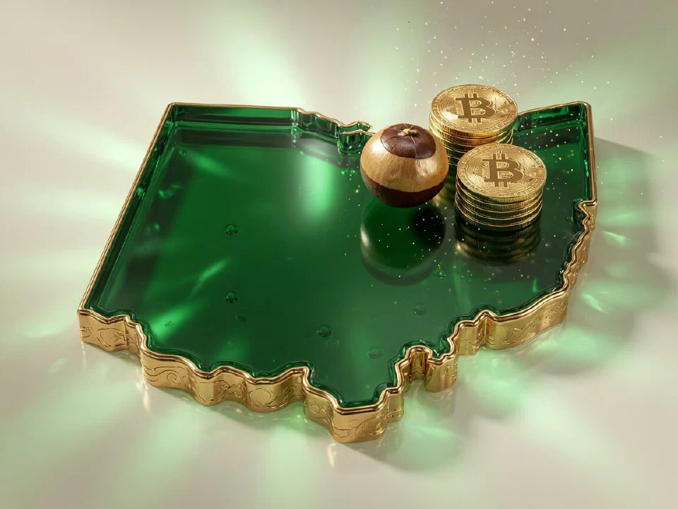 Emerald glass Ohio with gold Bitcoin coins
