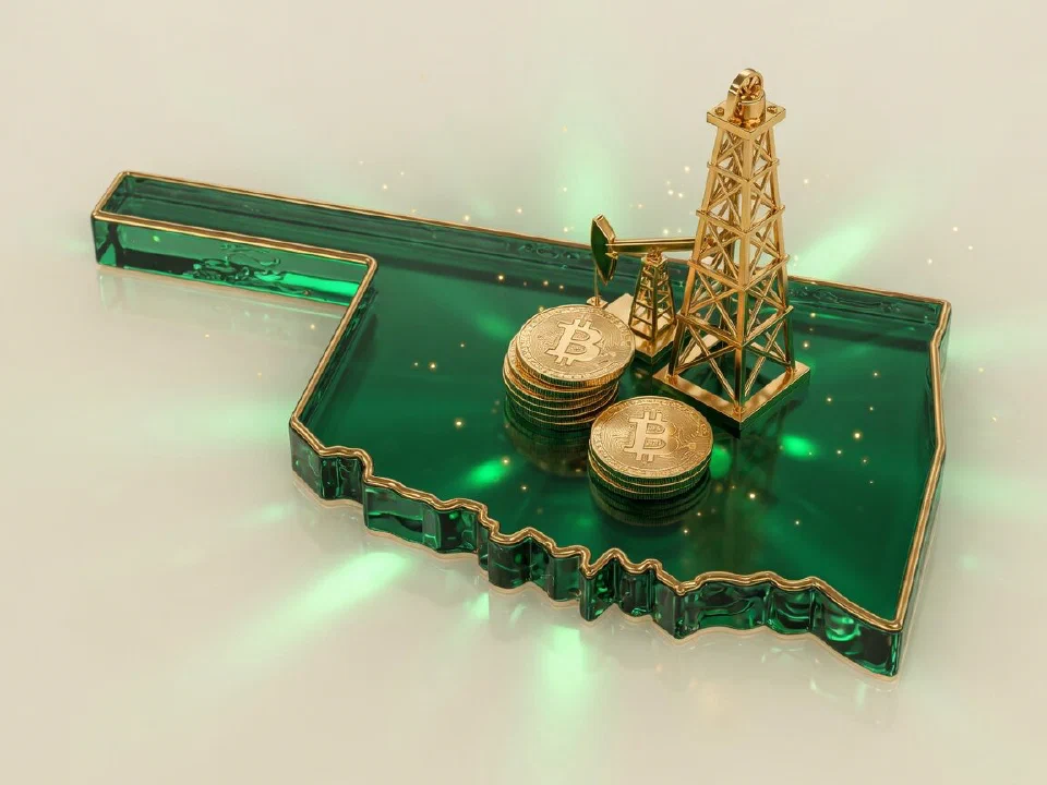 Emerald glass Oklahoma with gold Bitcoin coins