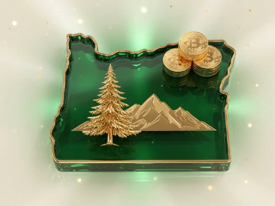 Emerald glass Oregon with gold Bitcoin coins