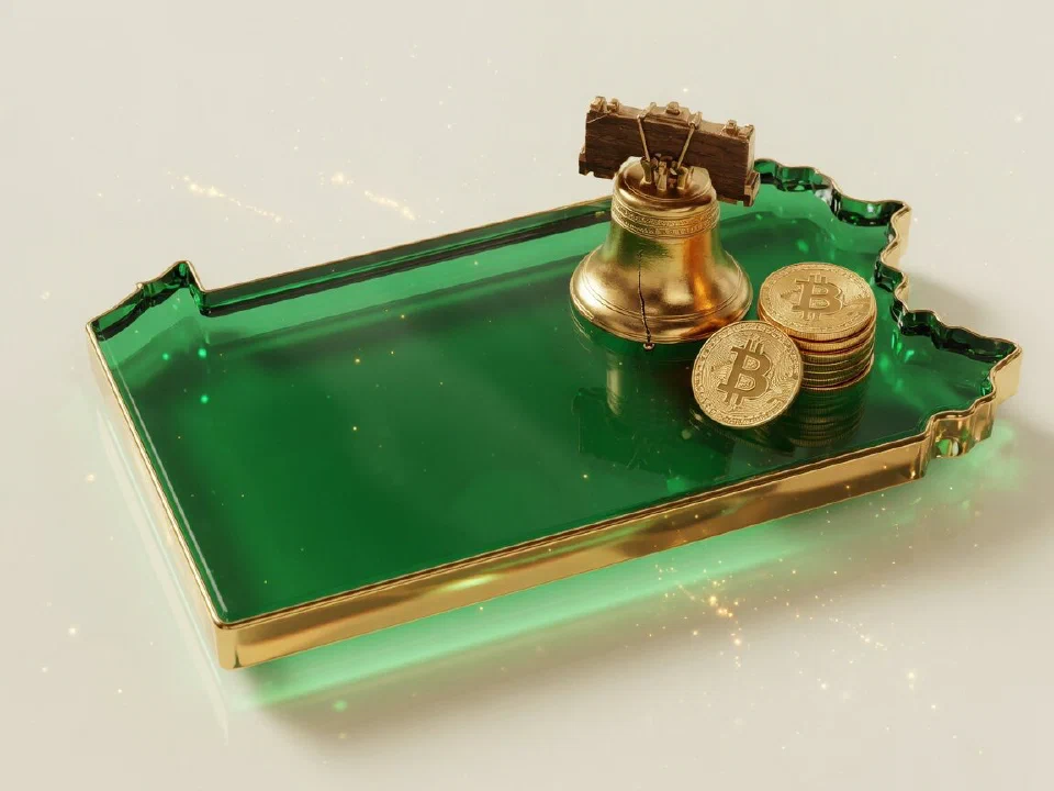 Emerald glass Pennsylvania with gold Bitcoin coins