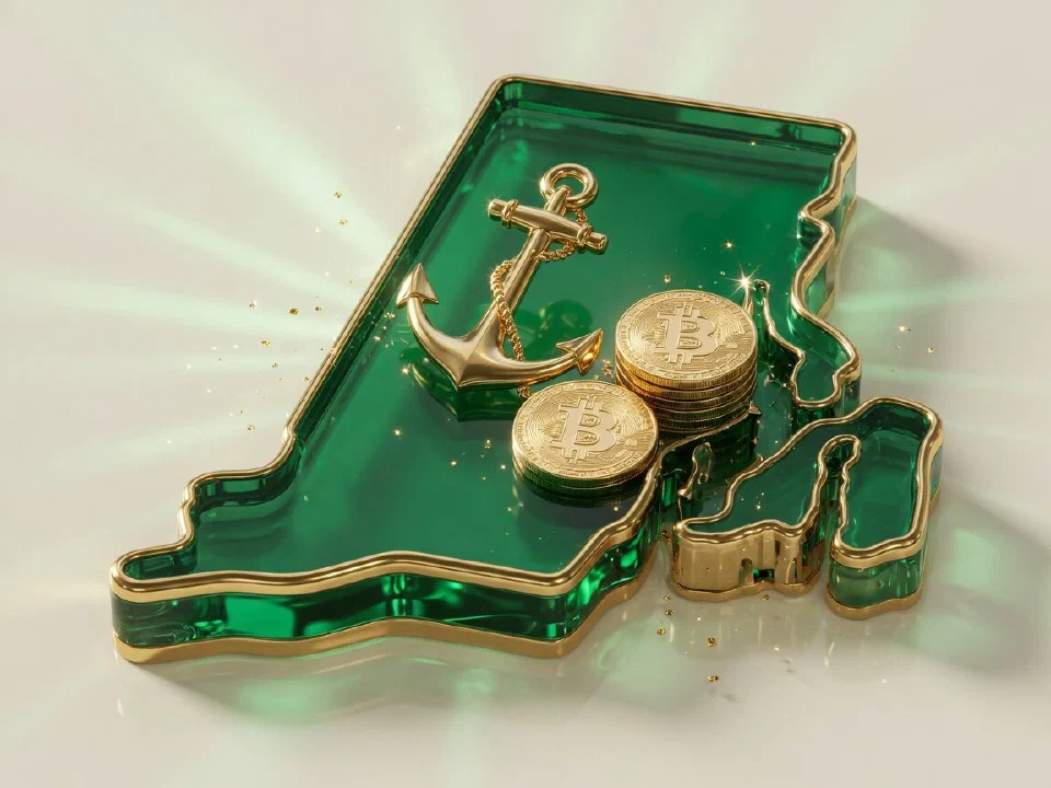 Emerald glass Rhode Island with gold Bitcoin coins
