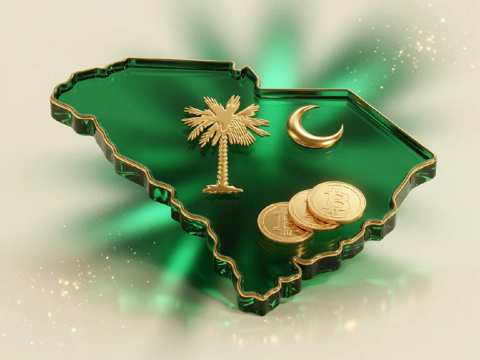 Emerald glass South Carolina with gold Bitcoin coins