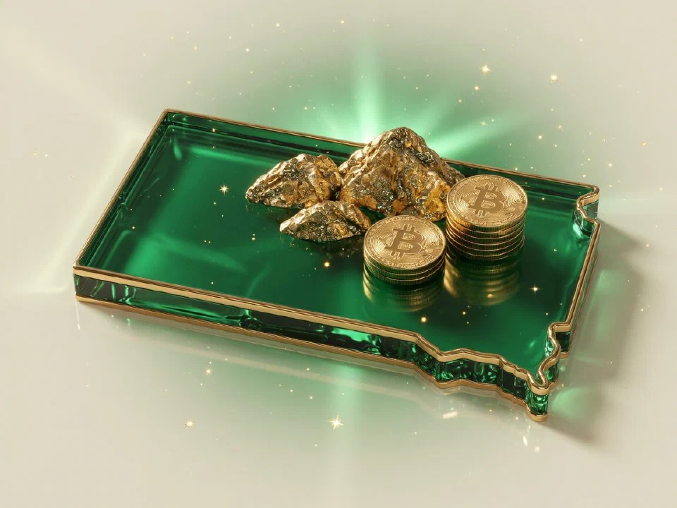 Emerald glass South Dakota with gold Bitcoin coins