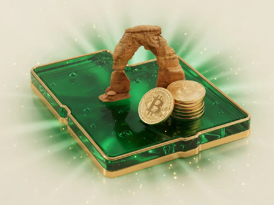 Emerald glass Utah with gold Bitcoin coins