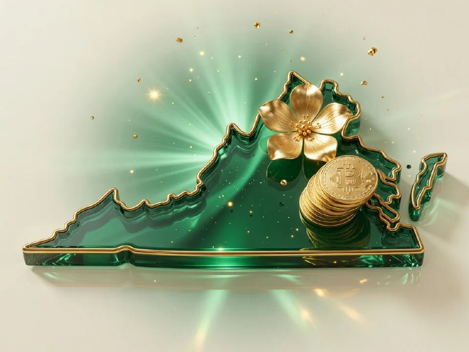 Emerald glass Virginia with gold Bitcoin coins