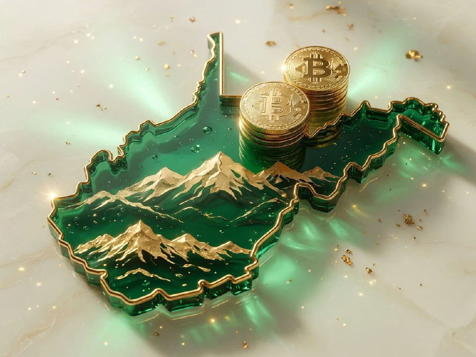 Emerald glass West Virginia with gold Bitcoin coins