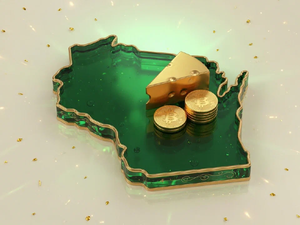 Emerald glass Wisconsin with gold Bitcoin coins
