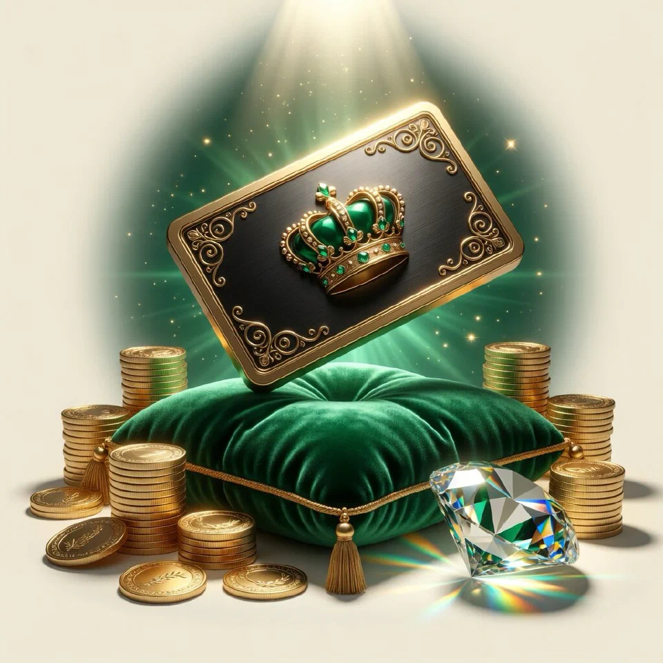 Black and gold VIP card with a crown on an emerald cushion