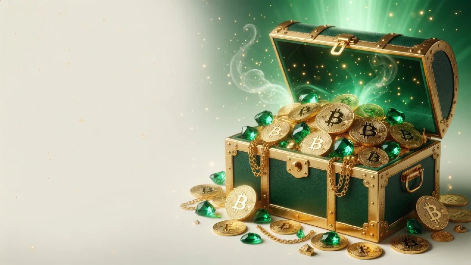 Treasure chest of gold coins and emeralds