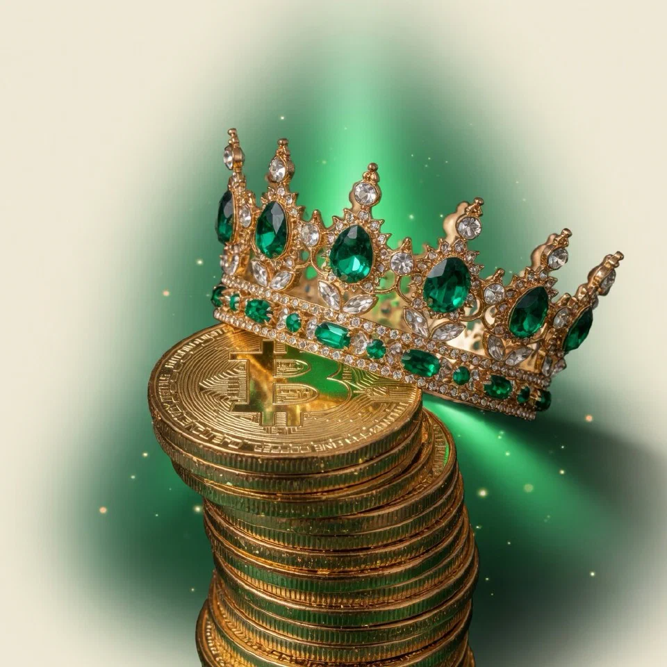 Jewelled crown on a stack of gold coins