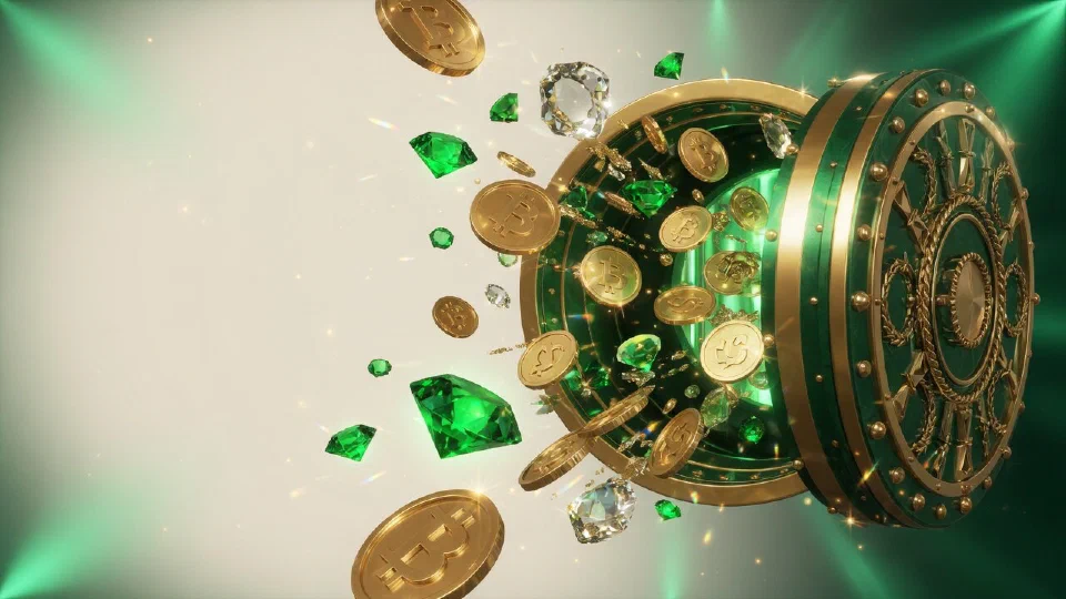 Gold vault door with coins and emeralds